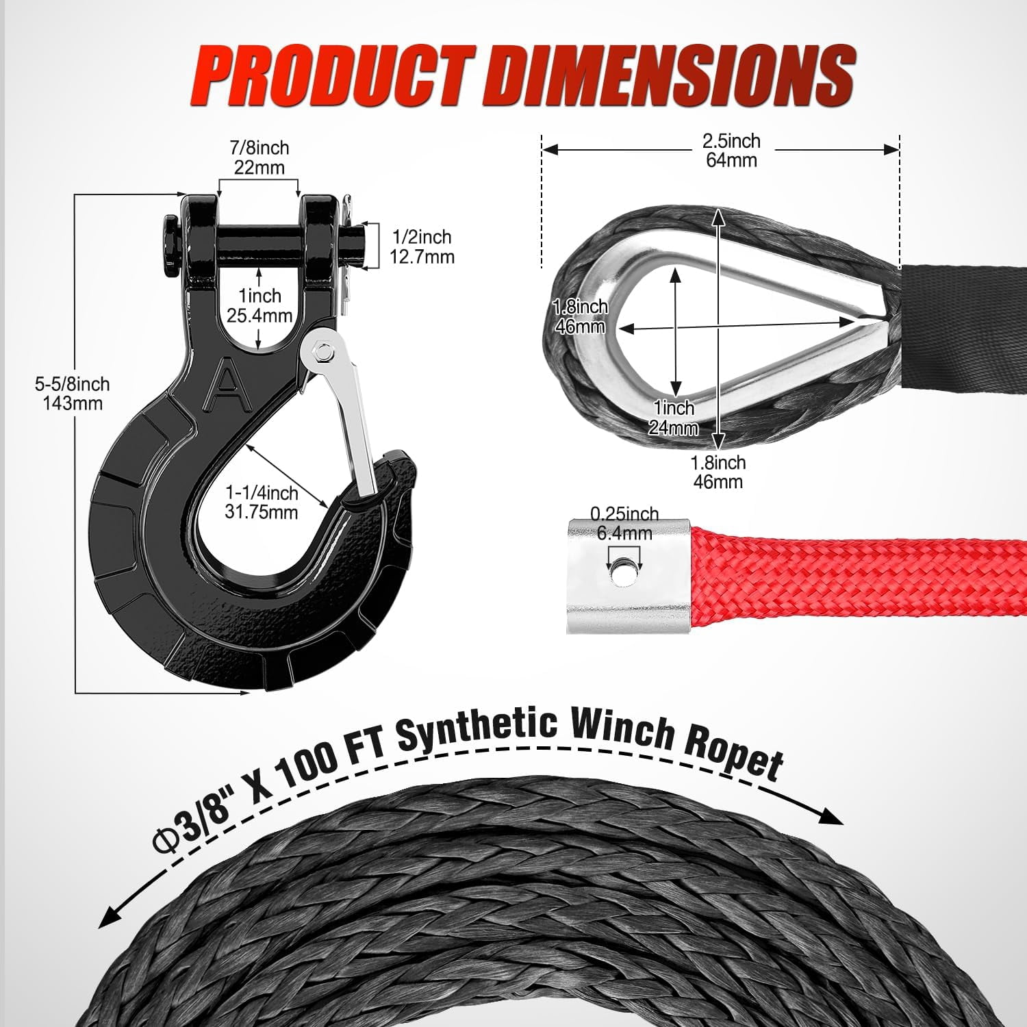 Synthetic Winch Rope Kit 3/8 Inch X 100' 25000 lbs with Red Jacket Rope Protective Sleeve Forged 35000lb Winch Hook Safety Strap Winch Cable Line for Off Road Vehicle Recovery Truck SUV, Black