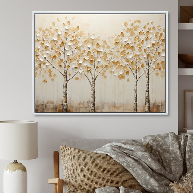 Designart Large Tree White Framed Wall Art, Tranquil Beige Trees , Trees framed wall art decor, beige White Framed Wall Art, 40x30 inches White Color Frame