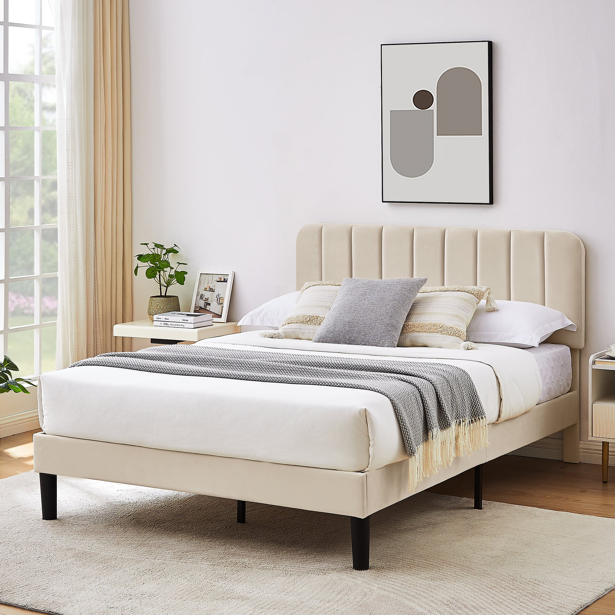 VECELO Queen Size Bed Frame, Upholstered Platform Bed Frame with Adjustable Headboard, No Box Spring Needed, Easy Assembly, Beige