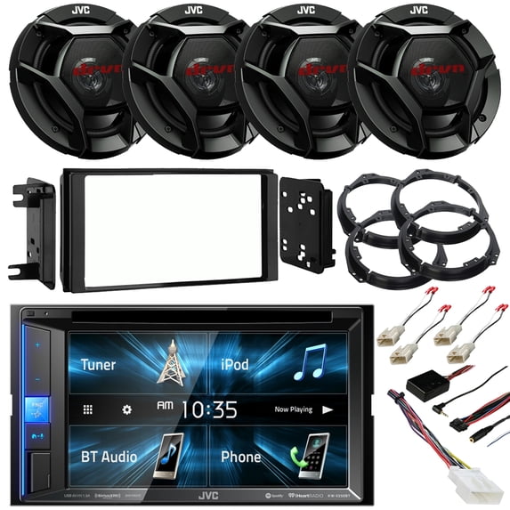 Double DIN Multimedia SiriusXM Ready Bluetooth CD/DVD Receiver w/ 6.2" Touch Monitor, 4x 6.5" 300 Watt Car Speakers, Dash Kit, Wiring Harness, Speaker Brackets, Speaker Adapter, Steering Controls