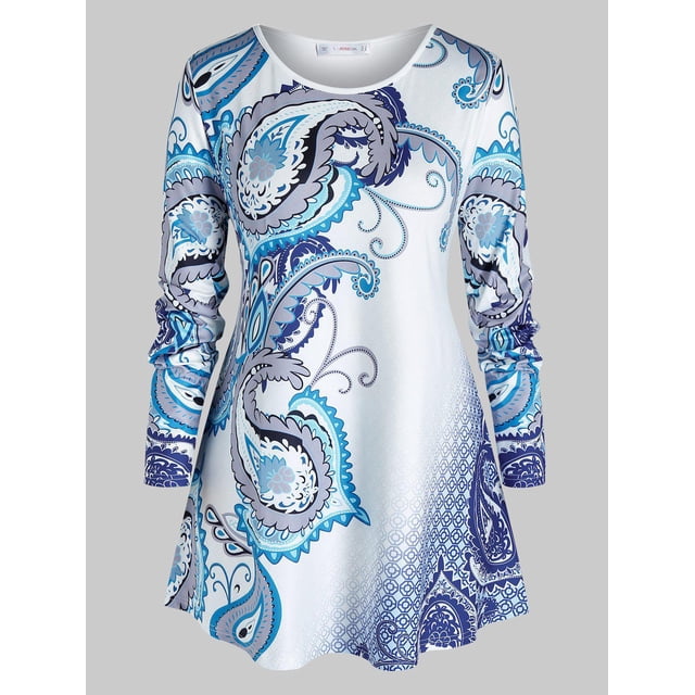 Más el tamaño de manga larga de Paisley Camiseta estampada Rosegal Mangas largas de talla grande
