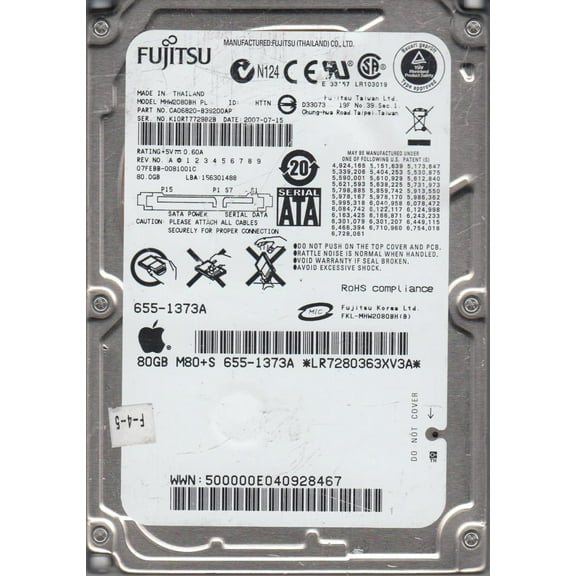 MHW2080BH PL, PN CA06820-B39200AP, Fujitsu 80GB SATA 2.5 Hard Drive