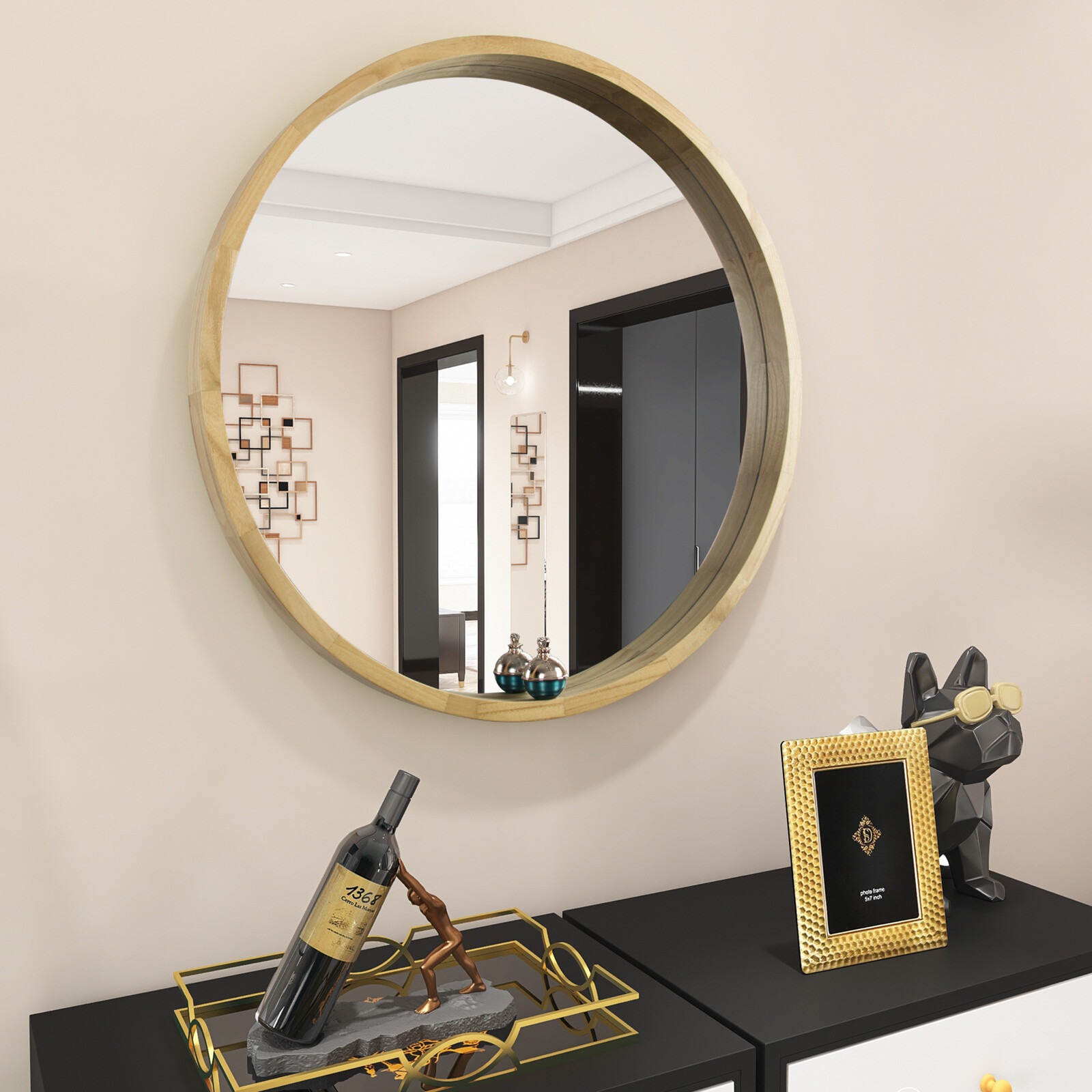 KALEFU 30" Round Mirror Modern Circle Wall Mirror with Wood Frame for