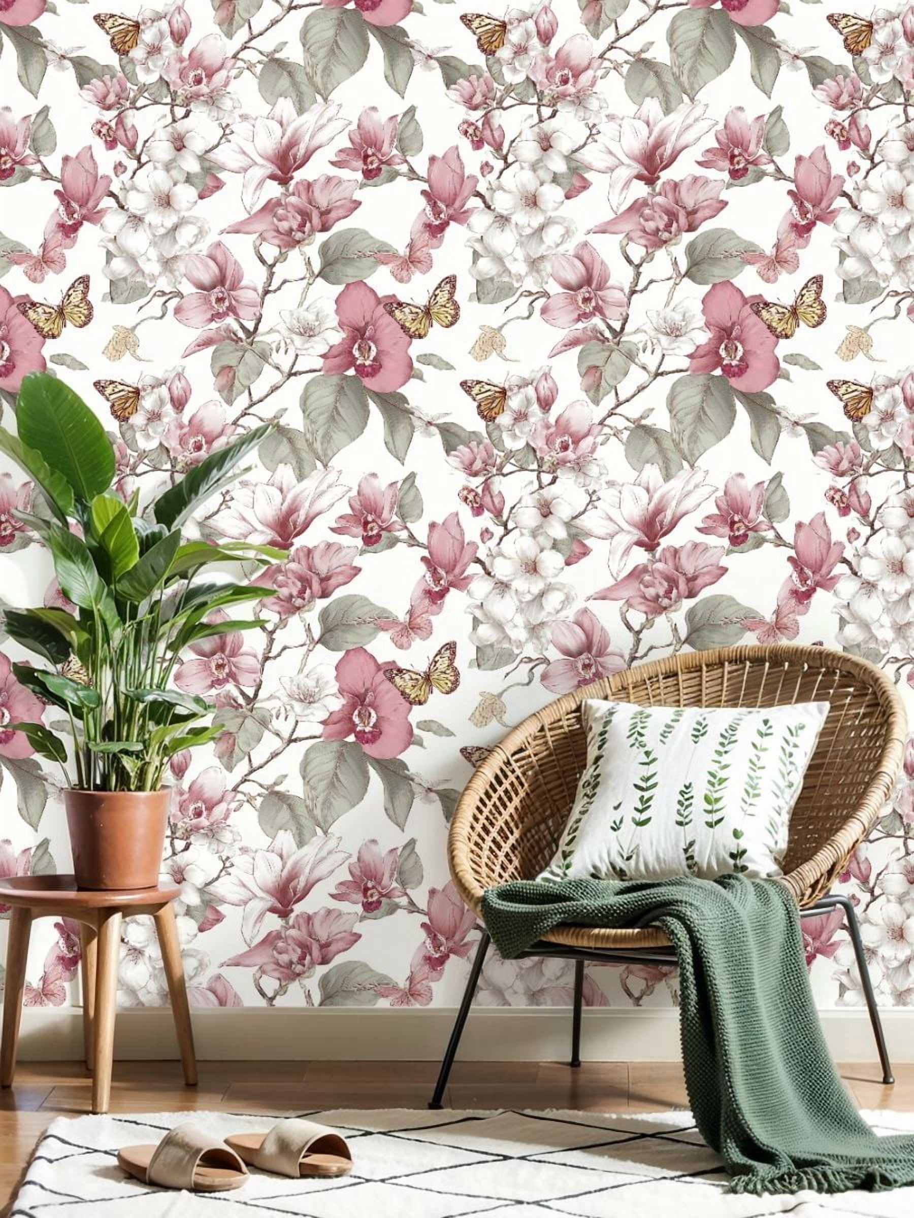 Peel and Stick Wallpaper Floral Butterfly Soft Pink White Flowers boho Wall Mural 23.6in x 9.8ft Self Adhesive Removable Wall Paper Renter Friendly Wallpaper for Girls Women Bedroom Livingroom