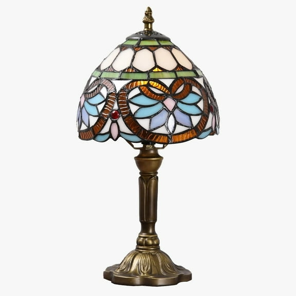 Tiffany Table Lamps Baroque Stained Glass Nightstand Bedside Lamp Vintage Decor Bedroom Desk Light Dia 8"14.5" Accent Lamp