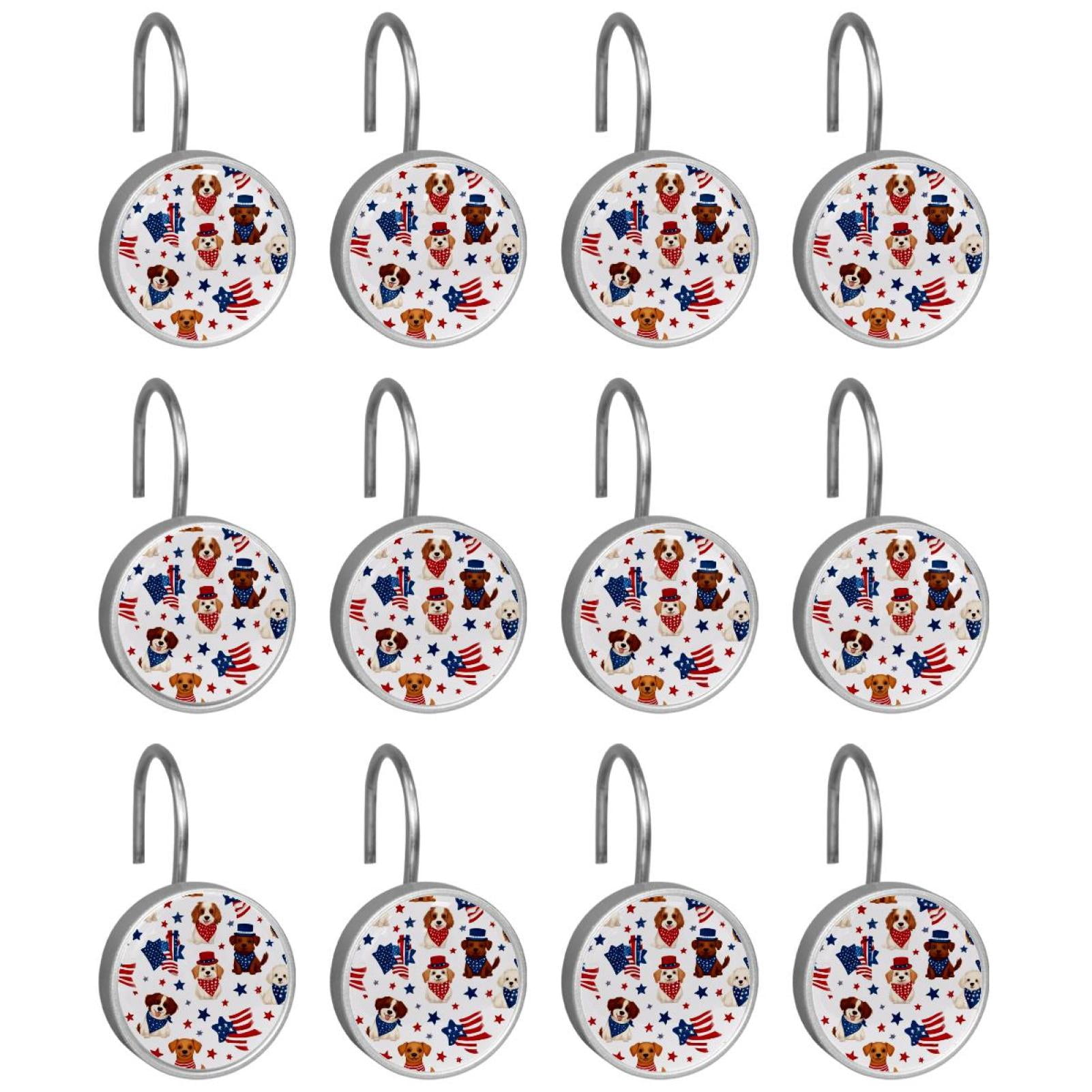 12pcs Decorative Shower Curtain Hooks, Rust Resistant Shower Rings for Bathroom Living Room,Rustproof Stainless Steel Rings for Shower Curtain and Liner Rods,4th of July Dog