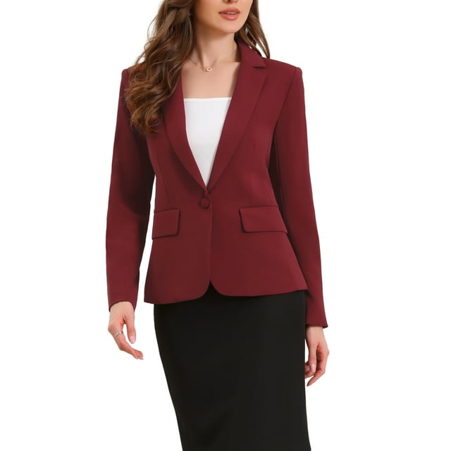 BLAZERS CHIC INSPIRADORES PARA MUJERES CASUAL DE NEGOCIOS CON UN BOTÓN DELANTE MANGAS LARGAS CHAQUETAS DE OFICINA CON ALMOHADILLAS EN LOS HOMBROS L ROJO VINO