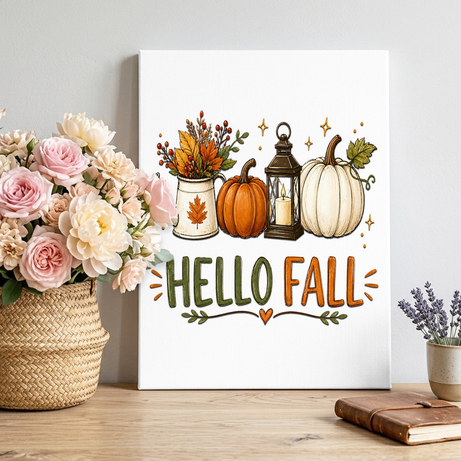 Canvas Wall Art Hello Fall Framed Canvas Prints for Living Room Bedroom Thanksgiving Pumpkin Autumn Botanical Large Gallery Wrapped Wall Decor for Home Office Gifts 16 x20 Ship Next Day