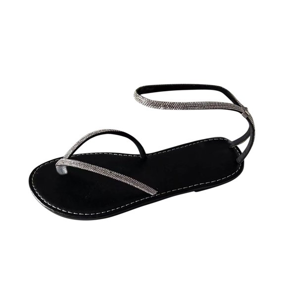 Anuirheih Women Flat Sandals Rhinestone Clip Toe Dress Casual Summer Beach Sandals Flip Flops Sandals(Black)