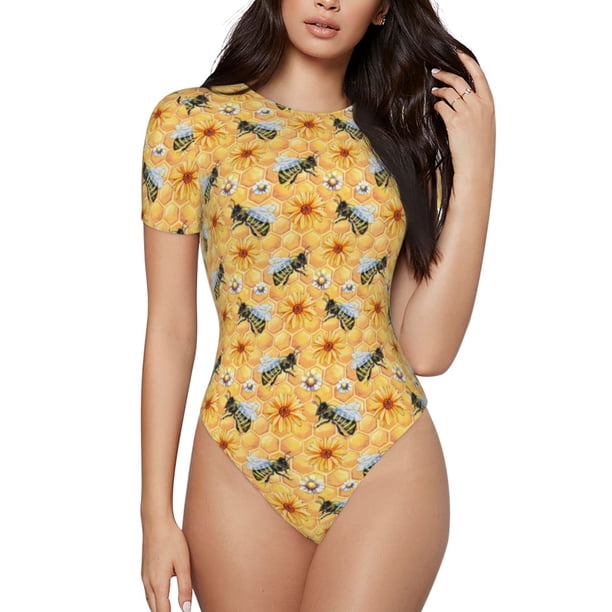 Fotbe Bee Wasp Body de Mujer con Cuello Redondo y Mangas Cortas, Sin Mangas Ajustado, Suave, Cómodo y Básico-Medium