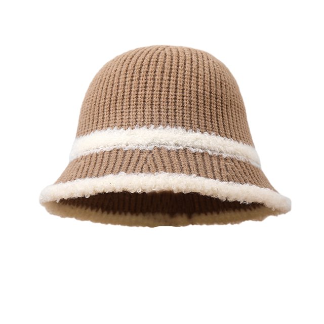 CSChome Fisherman Hat Women Winter Fisherman Hat - Striped Color Matching Thick Soft Plush Bucket