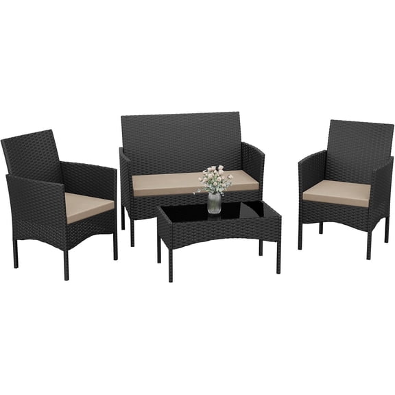 IdeaHouse 4-Piece Outdoor Rattan Patio Furniture Set, Wicker Sofa, 2 Chairs, and Coffee Table with Cushions, All-Weather Conversation Set for Garden, Backyard, Porch, Black and Beige