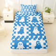 thumbnail image 3 of Manfei Halloween Ghost Twin Sheets 3pcs, Vintage Geometric Checkered Bedding, Blue White,1 Fitted Sheet, 1 Flat Sheet and 1 Pillowcase, 3 of 5