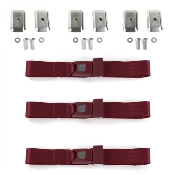 Chevy II 1962-1965 Standard 2 Point Burgandy Lap Bench Seat Belt Kit with Bracketry - 3 Belts