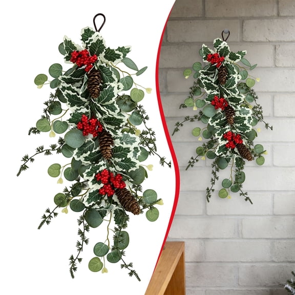 20 Inch Artificial Christmas Teardrop Door Swag, Hanging Greenery Decor With Holly Leaves, Red Berries, Pinecones, Winter Wall Ornament For Front Door Porch Entryway
