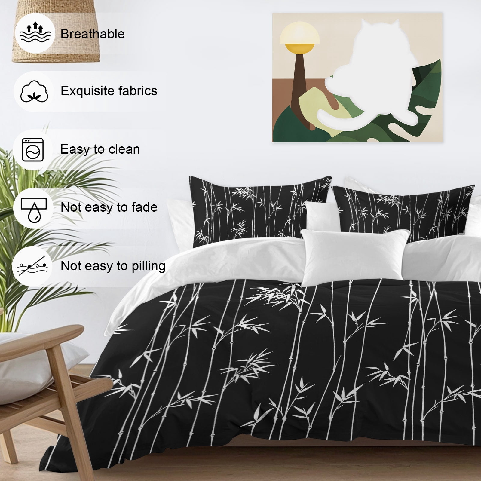 Black Bamboos Comforter Set Queen Size, Minimalist White Bamboos Stems Leaf Soft Bedding Set for Man Woman, 4 Pieces Duvet Cover Set with Fitted Sheet, 2 Pillowcases