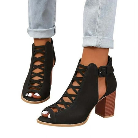 

AXXD Black Sandals for Women Clearance Under $10 Summer Chunky Heeled Sandals Peep Toe Cut-out Buckle Strap Stacked Heels Retro High Heels