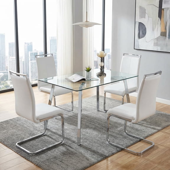 Sumdeal Modern 5-Piece Dining Table and Chair Set, 51-inch Glass Dining Table and High-Back PU Leather Dining Chairs, Minimalist Kitchen/Dining Room Furniture Set, Metal Table and Chair Legs
