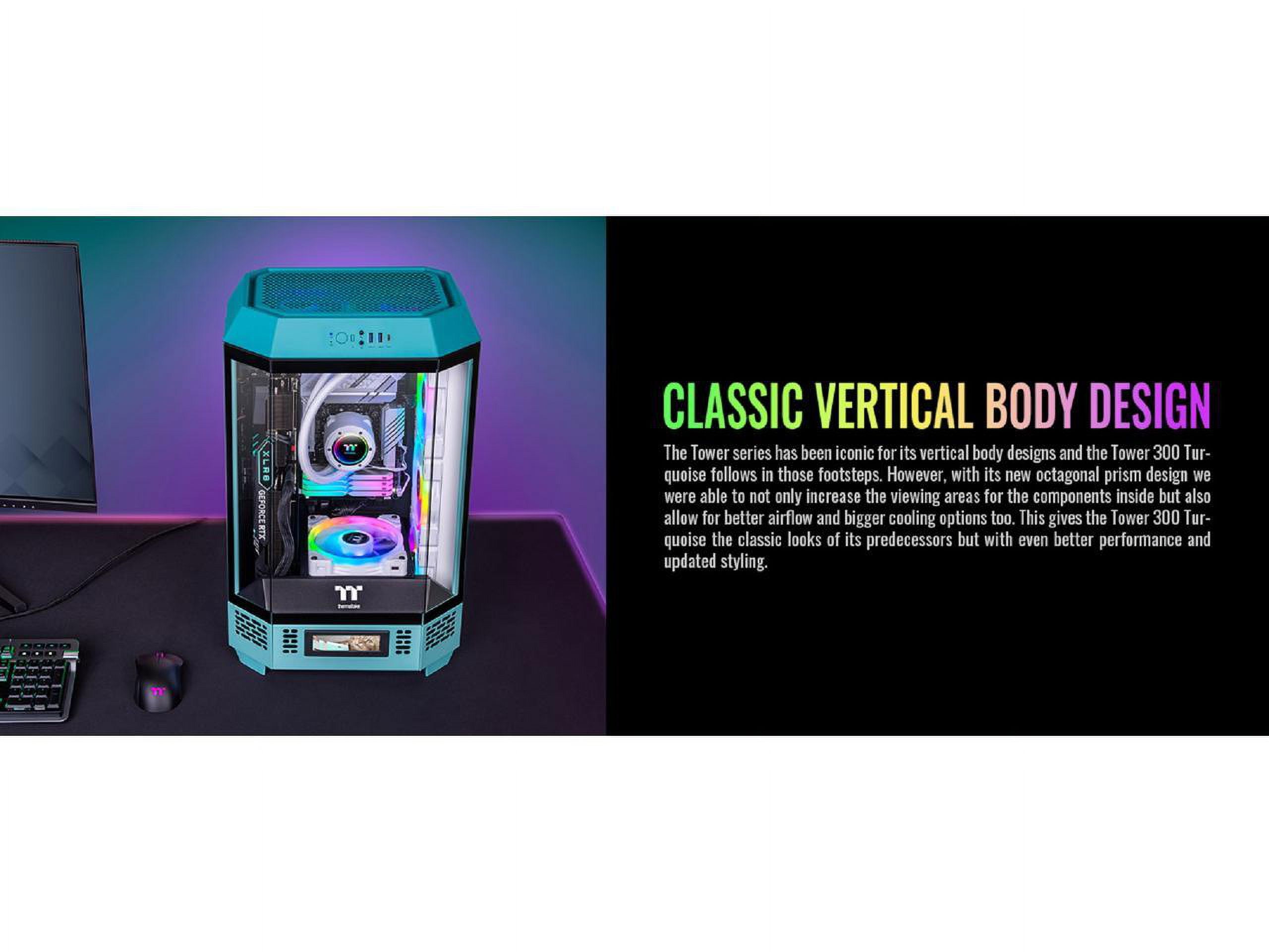 Thermaltake Tower 300 Turquoise Micro-ATX Case; 2x140mm CT Fan Included; Support Up to 420mm Radiator; Horizontal display capable with optional Chassis Stand Kit/Optional LCD Kit; CA-1Y4-00SBWN-00