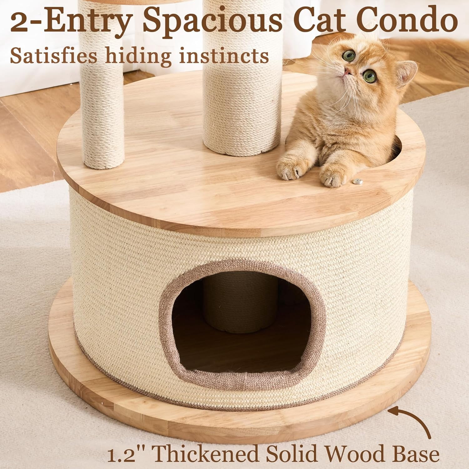 Modern Cat Tree Tower with Scratching Post for Indoor Cats Large Adult, 60 inch Tall Solid Wood Multifunctional Cat Tree Tower with Bed, Space Capsule, Sisal Wrapped Condo, Multiple Cats Use