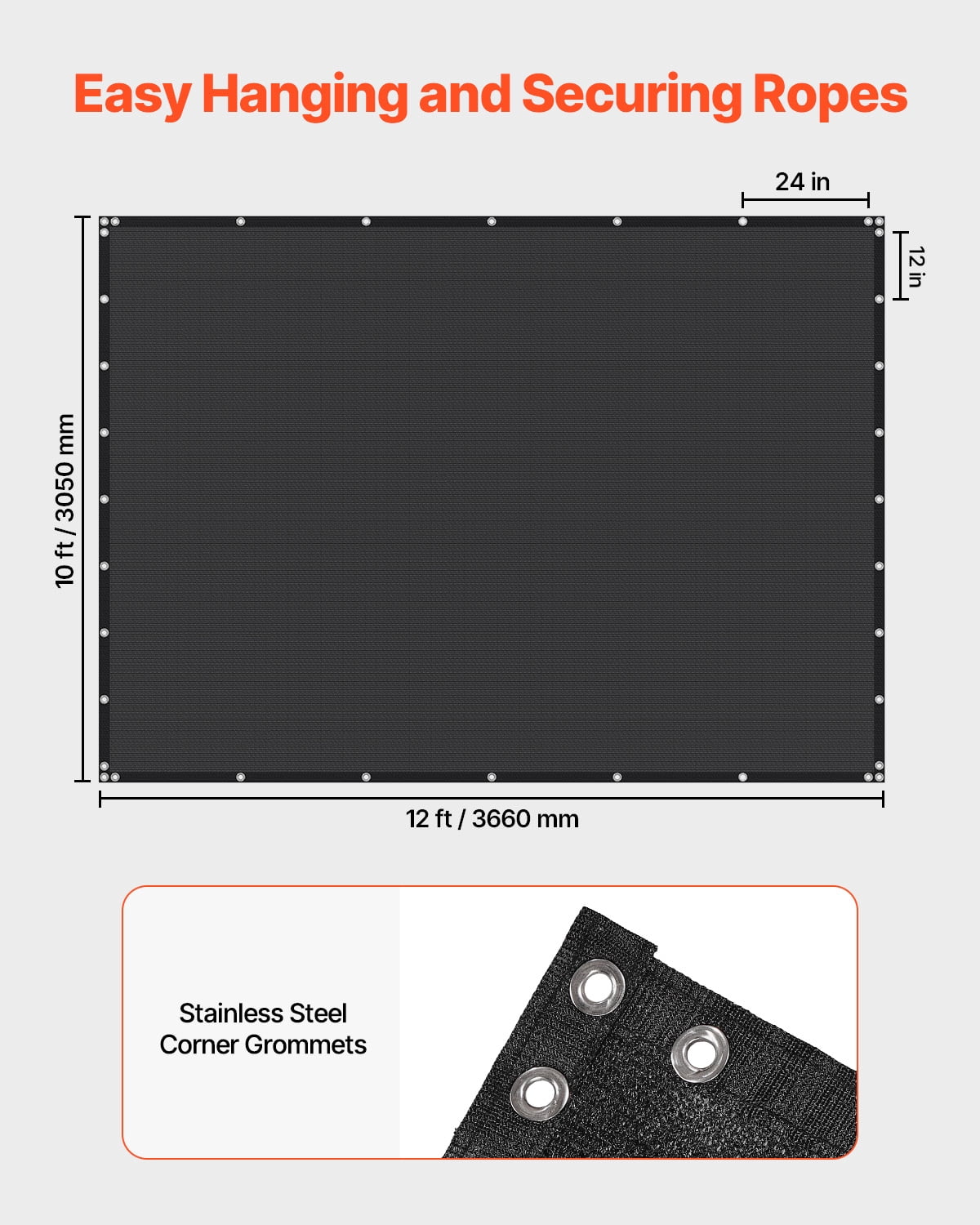 VEVOR 90% Sun Shade Cloth, 10 x 12 ft Pergola Shade Cover with Stainless Steel Grommets, Sun Shades Canopy Privacy Screen with 140 GSM HDPE Material, for Outdoor, Patio, Garden, and Backyard (Black)
