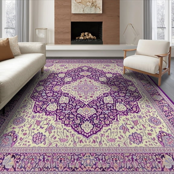 ODIKA 8'x10' Washable Area Rug Durable, Non-Slip Purple Boho Abstract Symmetrical Bordered Center Watercolor Ombre for Living Room, Under Sectional, Family
