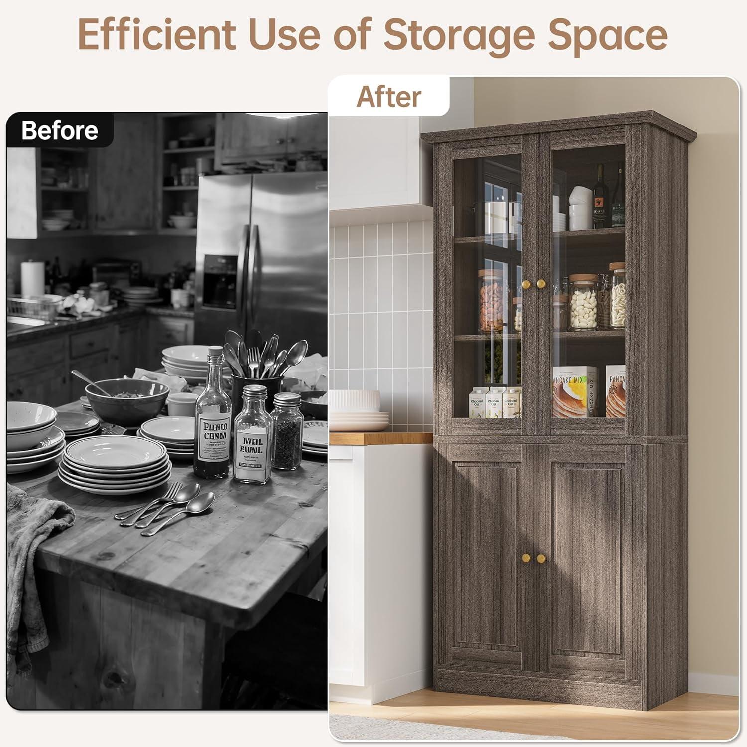 SELOOYE Modern Pantry Cabinet, 71-inch Tall Glass Display with Wood Doors, Adjustable Shelves, Grey