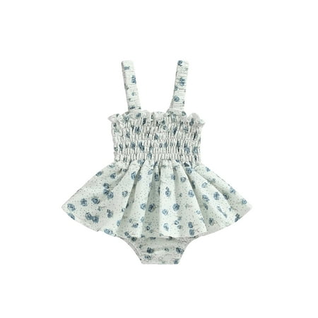 

Baby Girl Sleeveless Bodysuit Dress Summer Clothes Square Neck Floral Shirred Skirt Jumpsuit