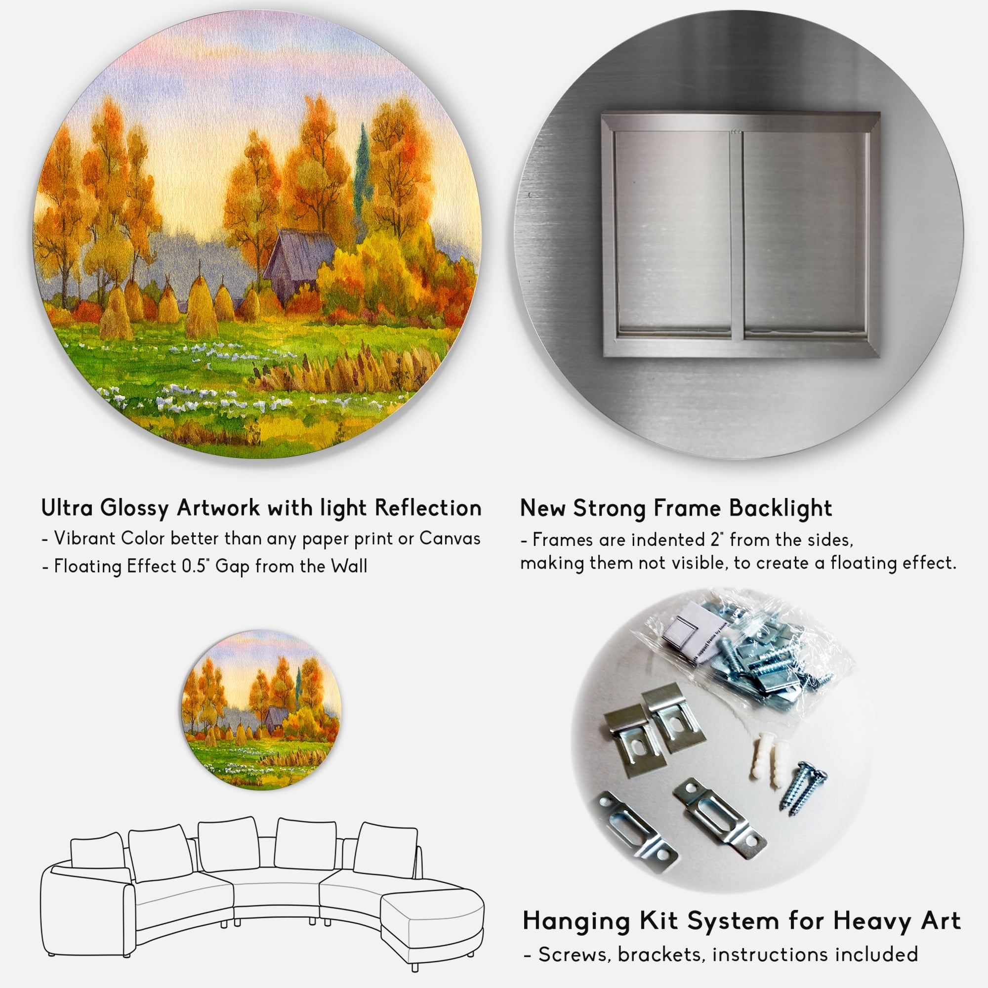 Designart 'Orange Fields With Haystacks I' Lake House Circle Metal Wall Art 36x36 - Disc of 36