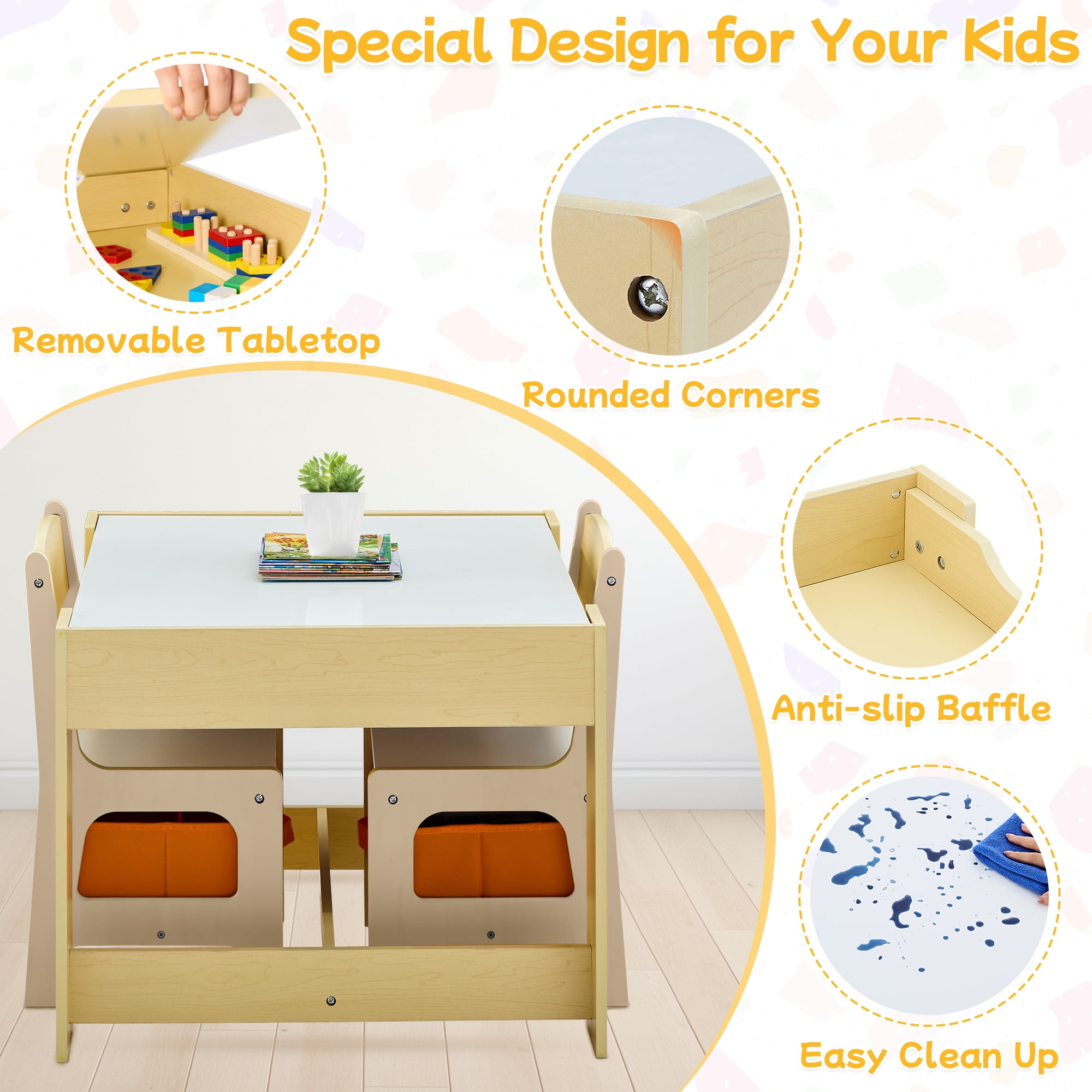 Kids Table and 2 Chair Set, 4 in 1 Wooden Toddler Table and Chair Set with Storage Drawer, Detachable Tabletop for Children Drawing/Reading/Art Craft, Home, Nursery, Playroom (Natural)