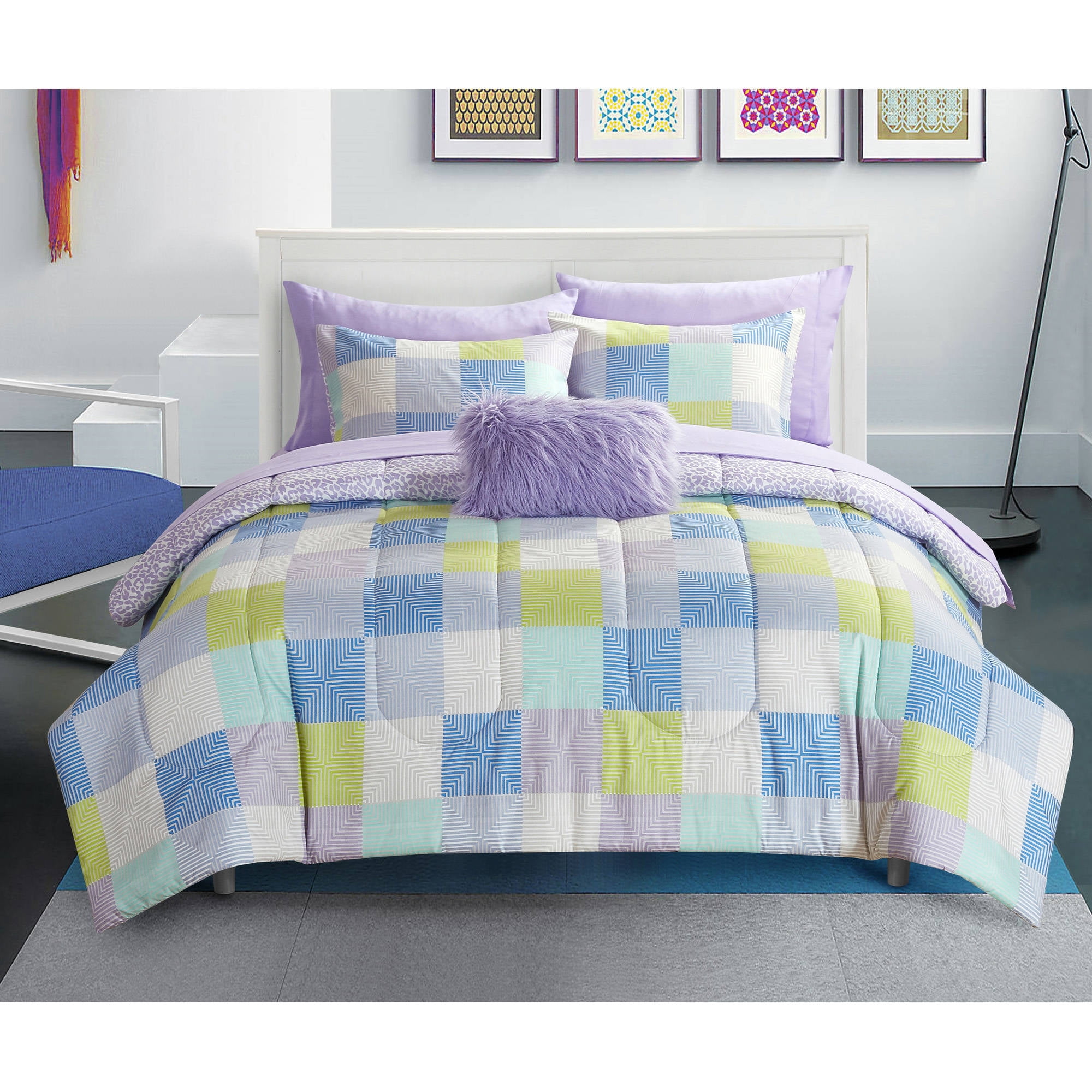 your zone geo blocks purple bed in a bag bedding set with decorative