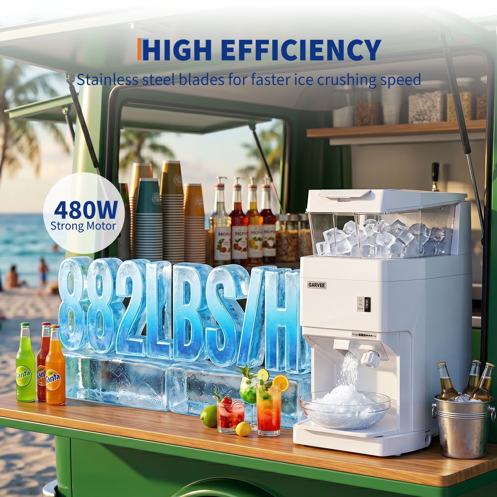 Commercial Ice Shaver 900LBS/H 480W Electric Ice Crusher - Snow Cone Maker, 320RPM Tabletop Ice Shaving Machine with 1.85Gal Hopper & Stainless Steel Blade , Large Capacity - White