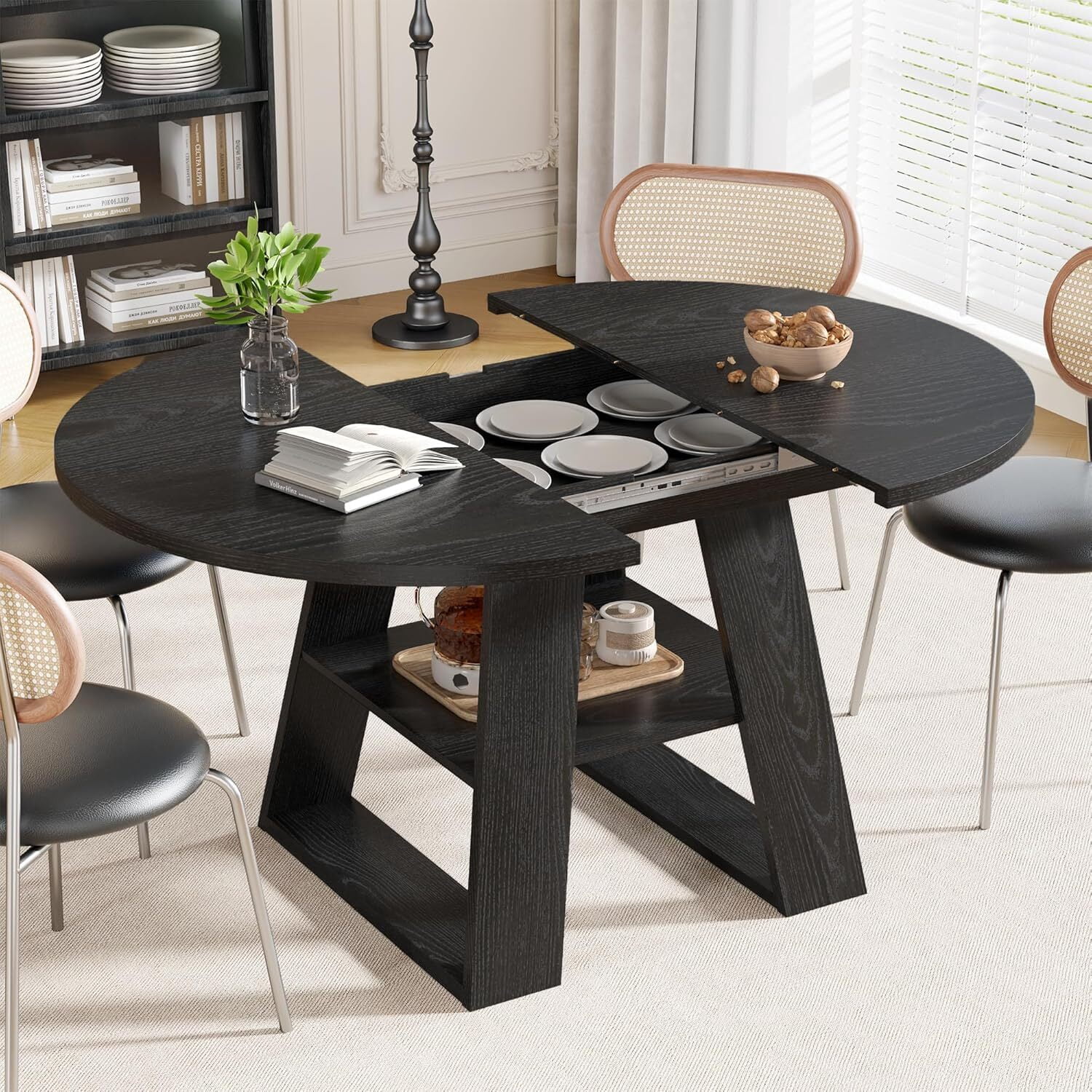 Extendable Round Dining Table for 4, Modern Oval Kitchen Dining Table with Storage Shelf, Dinner Table for Living Room, Black