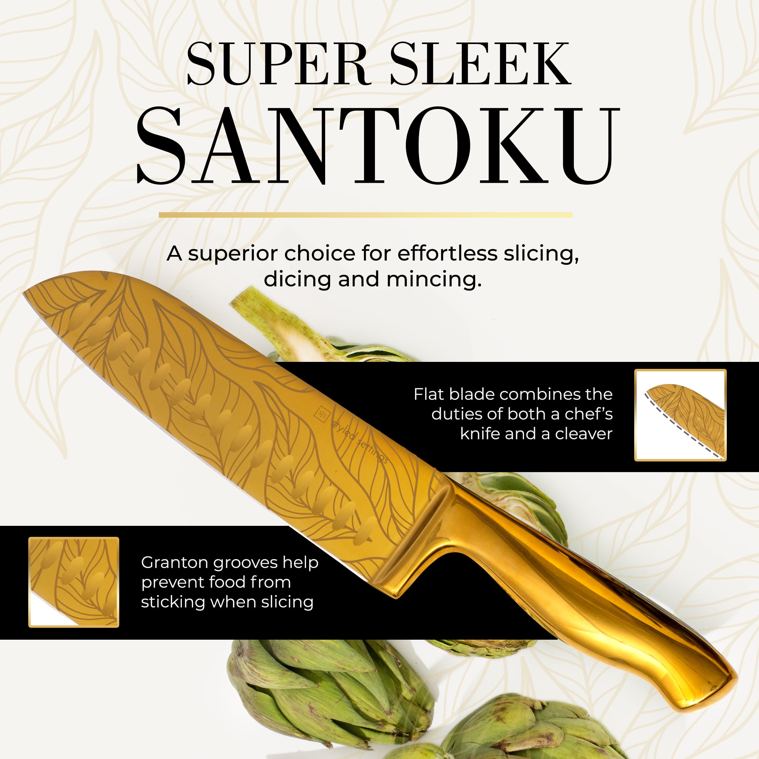Styled Settings 14-Piece Gold Knife Set with Block and Built-In Sharpener, Titanium-Coated Blades with Leaves Pattern, Black Block