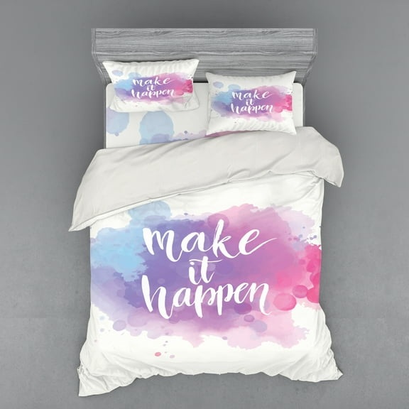 Ambesonne Saying Bedding Set 4 Pcs, Make It Happen Slogan, Queen, Pale Blue Pink Lilac
