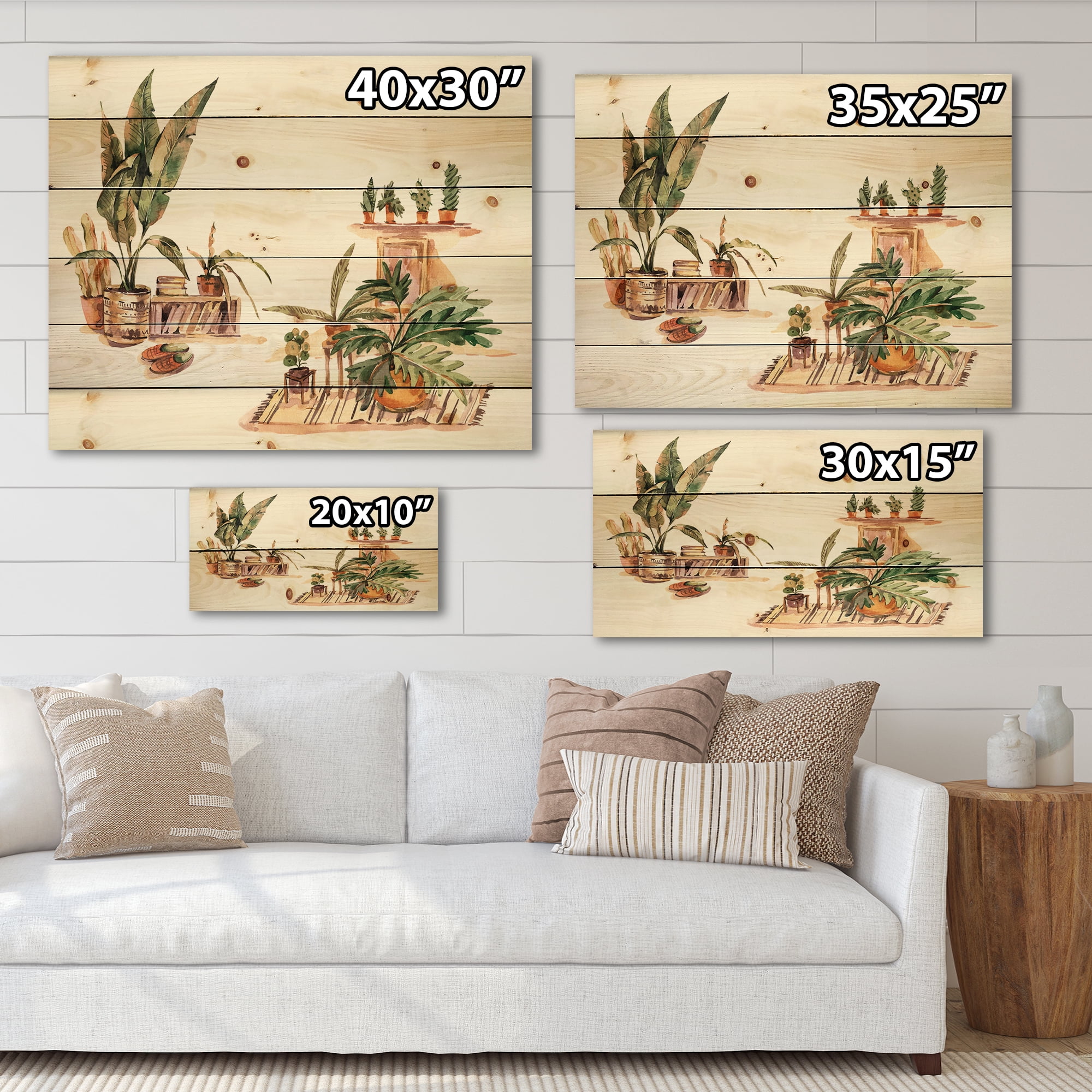Designart 'Indoor House Plants Urban Jungle in Flowerpots III' Traditional Print on Natural Pine Wood