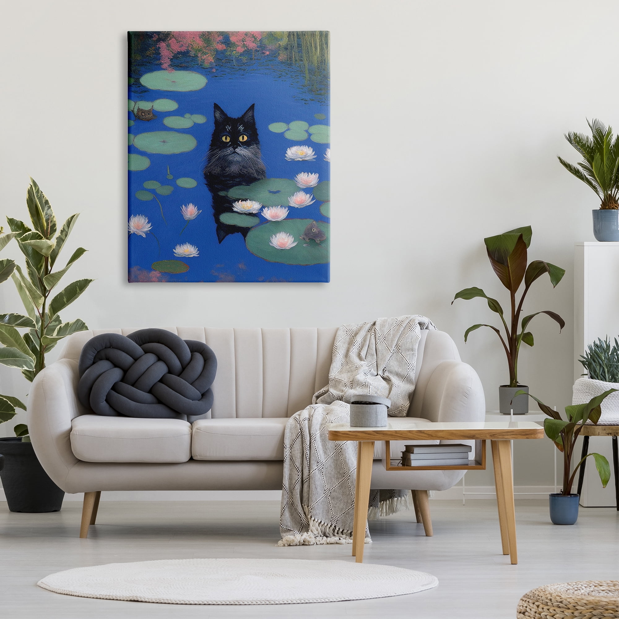 Stupell Industries Black Cat in Pond Animals & Insects Painting Gallery Wrapped Canvas Art Print Wall Art, 36 x 48