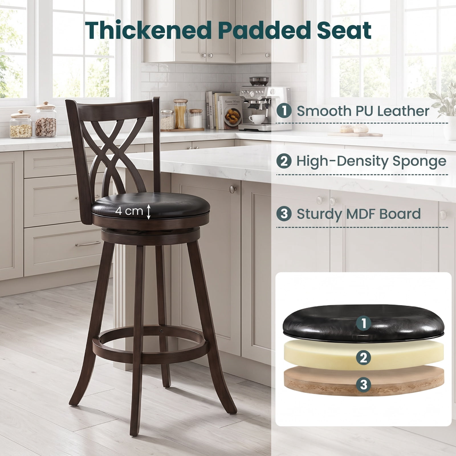 Furnibear Set of 2 Swivel Counter Height Bar Stools with Rubber Wood Frame and Backrest