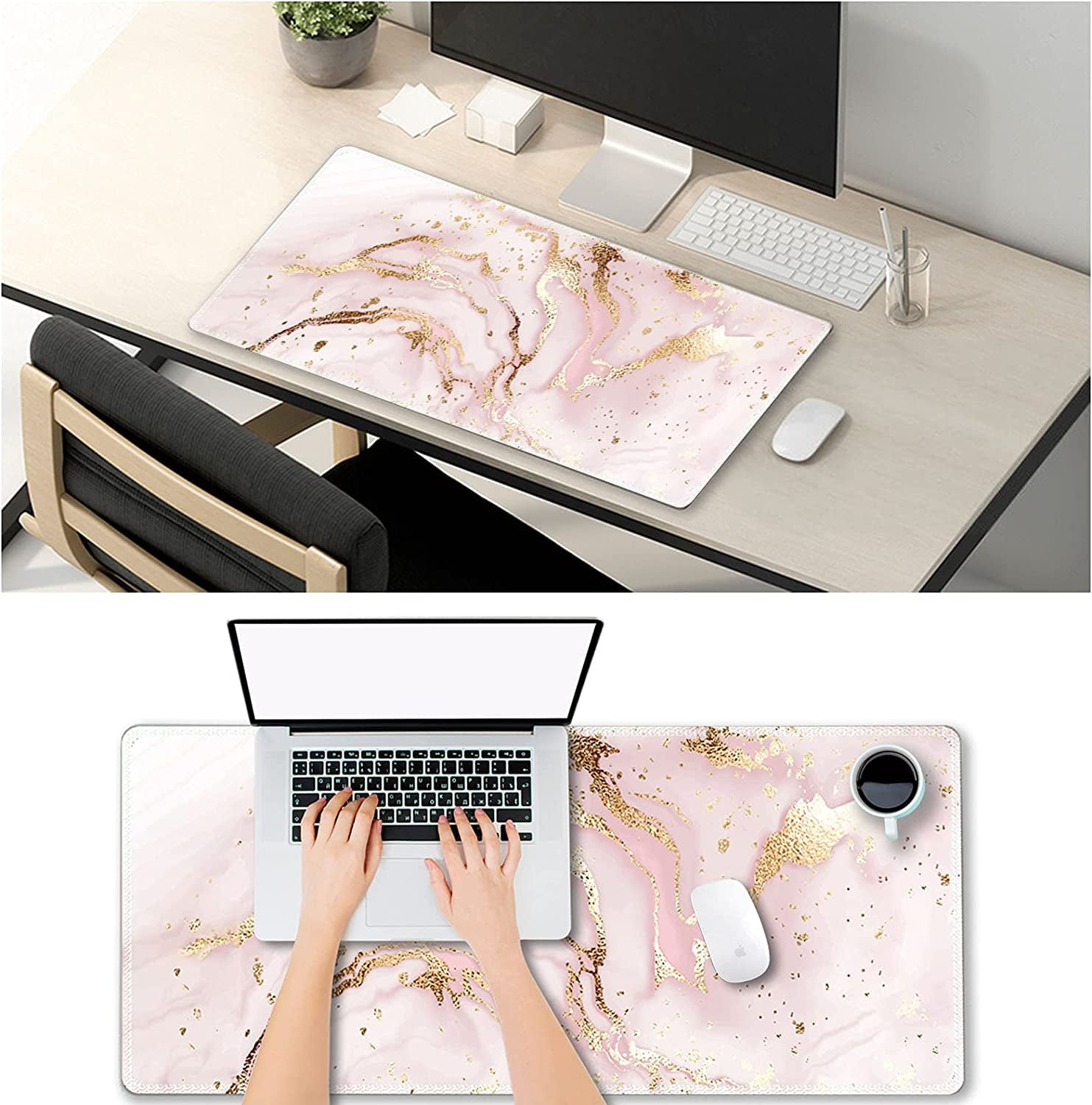 Extended Gaming Mouse Pad XXL Large Keyboard Mat Long Mousepad Desk Decor Writing Pad Non Slip Rubber Base Stitched Edges for Work, Game, Office, Home, 35.1" x 15.7" , Pink Marble