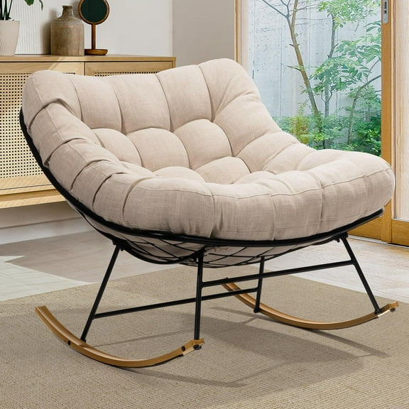 Patio Rocking Chair Outdoor and Indoor, Modern Metal Lounge Rocker with Thick 7'' Cushion, 400lbs Capacity, Ergonomic Design, Easy Assembly, Beige Cushion - Wood Texture Rocker