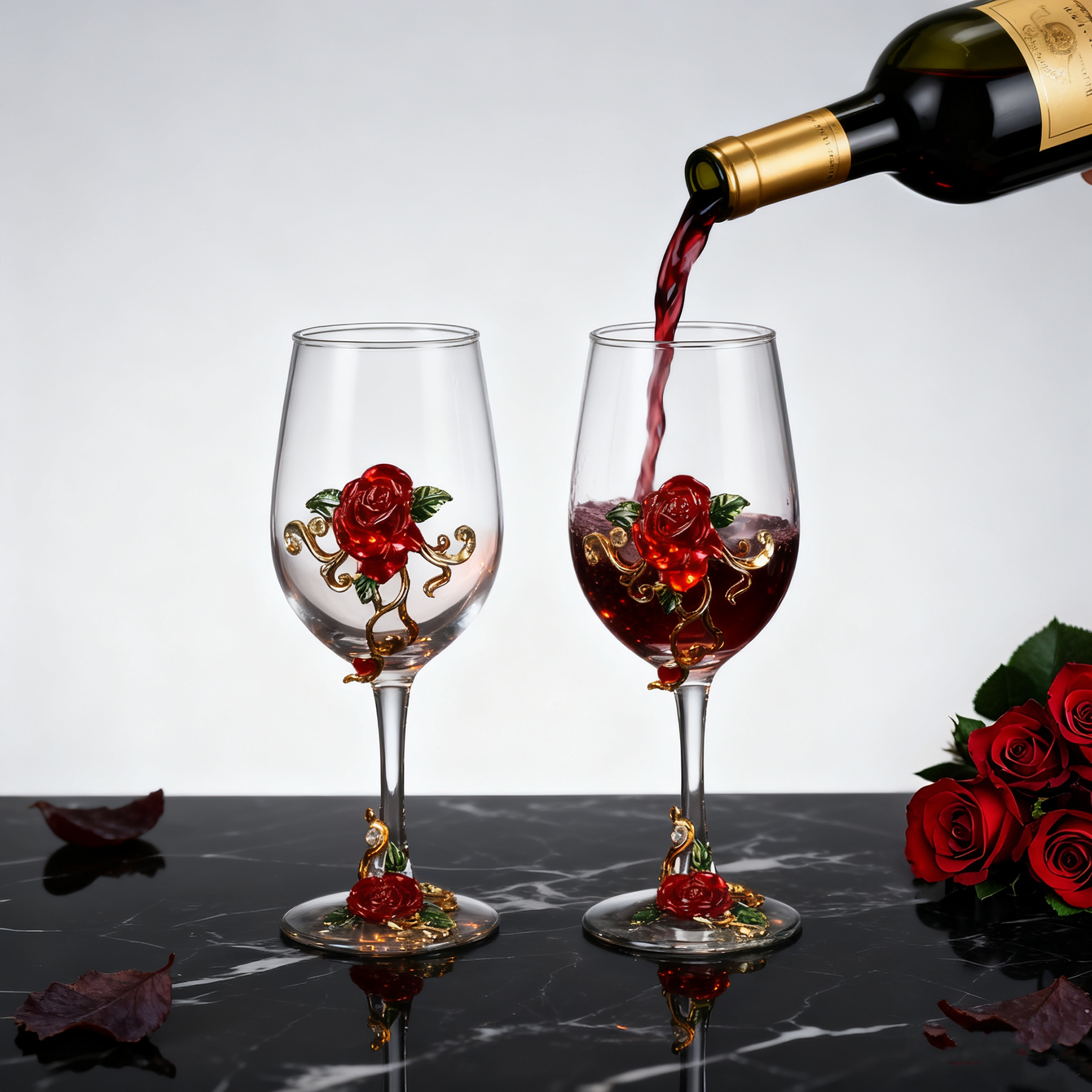 AJONALAA Handmade Painted Enamel Flower Glass Wine Glasses,Transparent Drinking Glasses Set of 2,Gift Box(Red Rose)