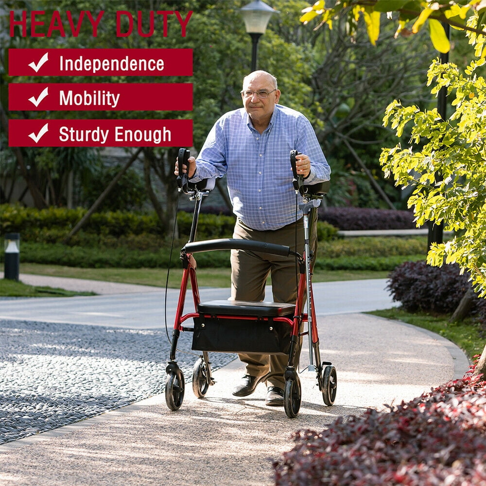 AMSUPER US Heavy Duty 500lb Rolling Padded Wide Seat Rollator Folding