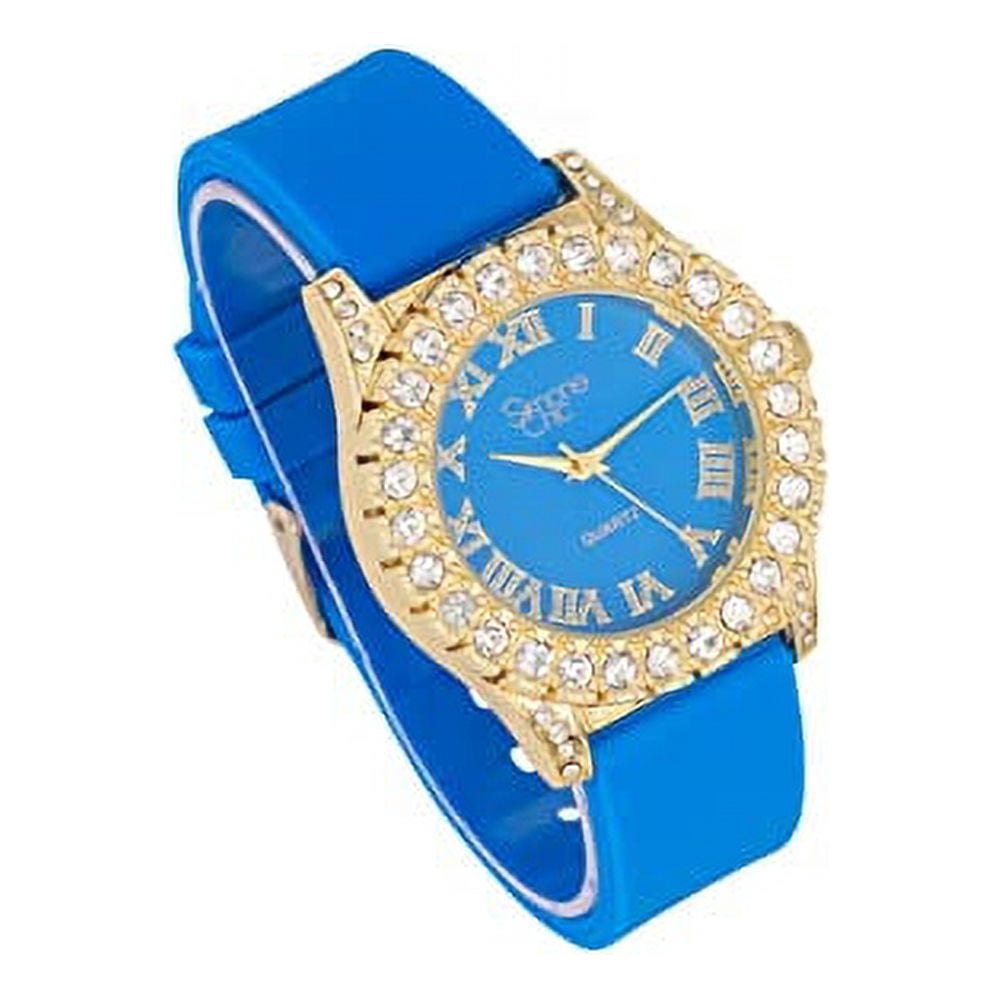 Simone Chic. Women's Big Rocks Fully Iced Bezel Colored Dial w/Easy Reader Roman Numerals Colorful Rubber Band Watch - ST10357LA (4pcSet Gld Bright Blue)
