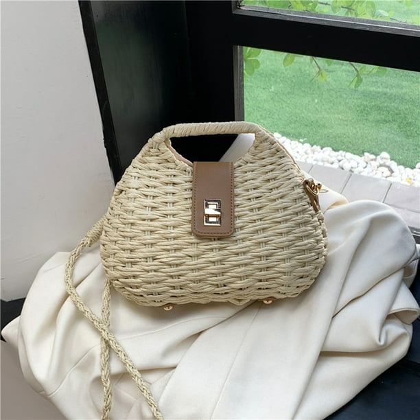 Bolso De Paja Tejido A Mano Para Mujer | Capacidad Grande, Cremallera, Ideal Para Playa Y Viajes