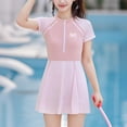 thumbnail image 7 of Girls Rash Guard Swim Dresses Short Sleeve Swimsuits Quick Dry Zipper Swimdress One Piece Bathing Suits Light Pink, 7 Years, 7 of 7