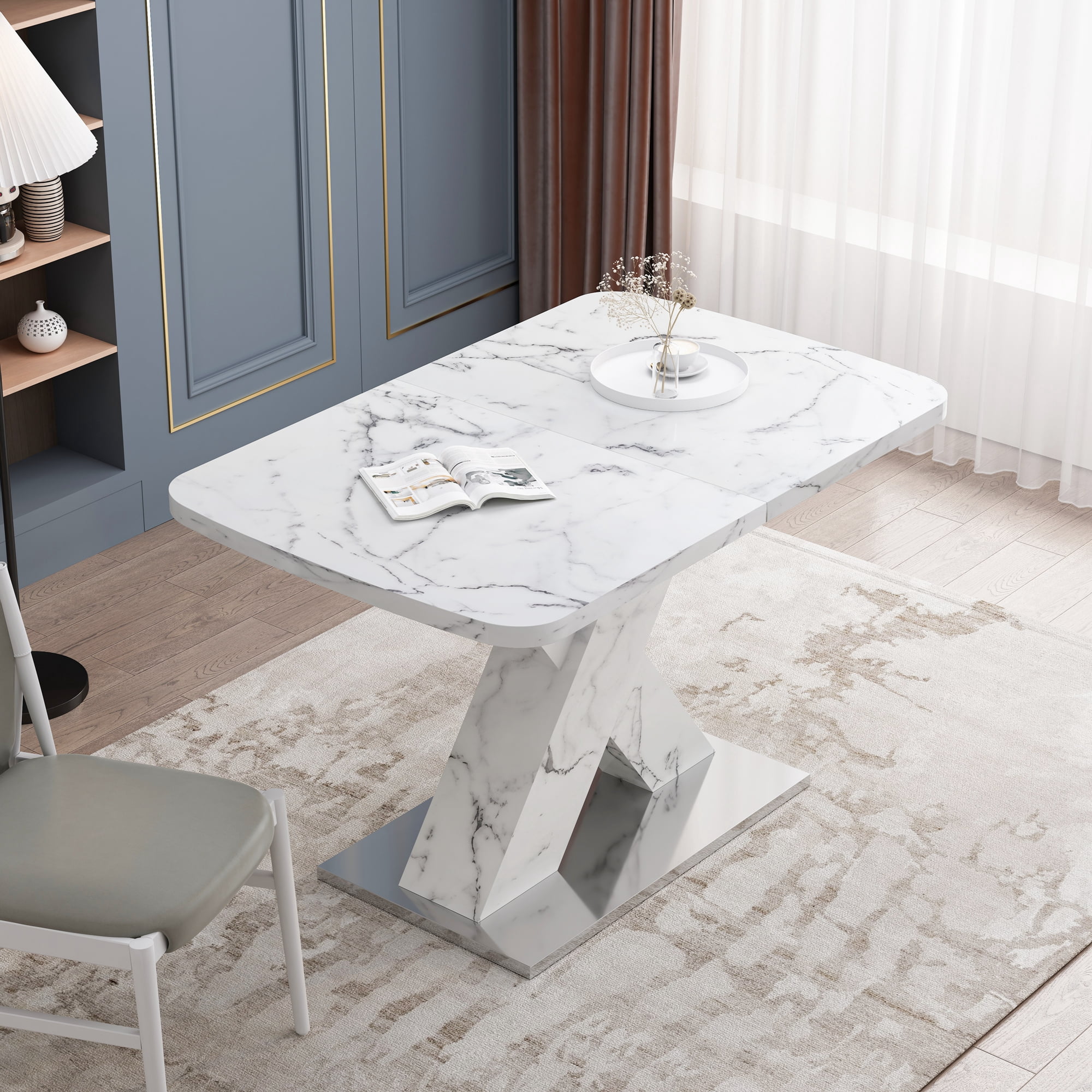 Stretchable Dining Table, Modern Square Dining Table, white Marble Table Top+MDF X-Shape Table Leg with Metal Base