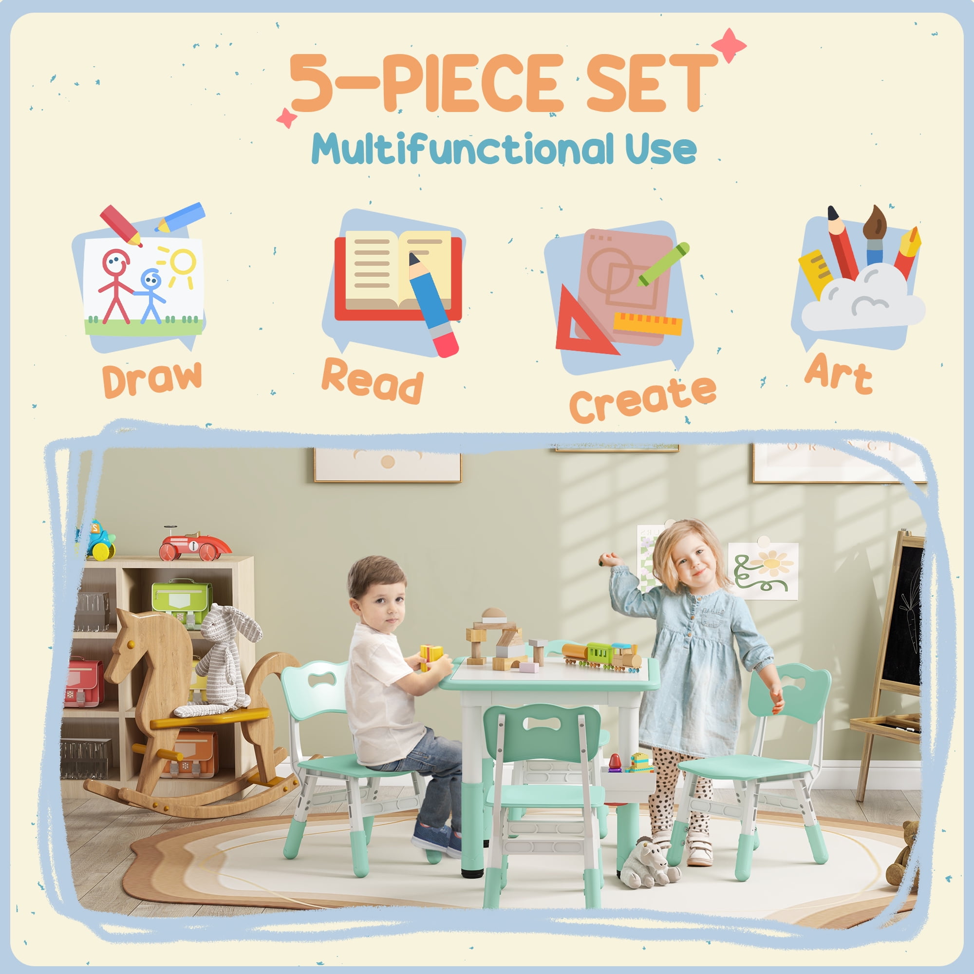Qaba 5 Piece Height Adjustable Kids Table and Chair Set with Storage, Green