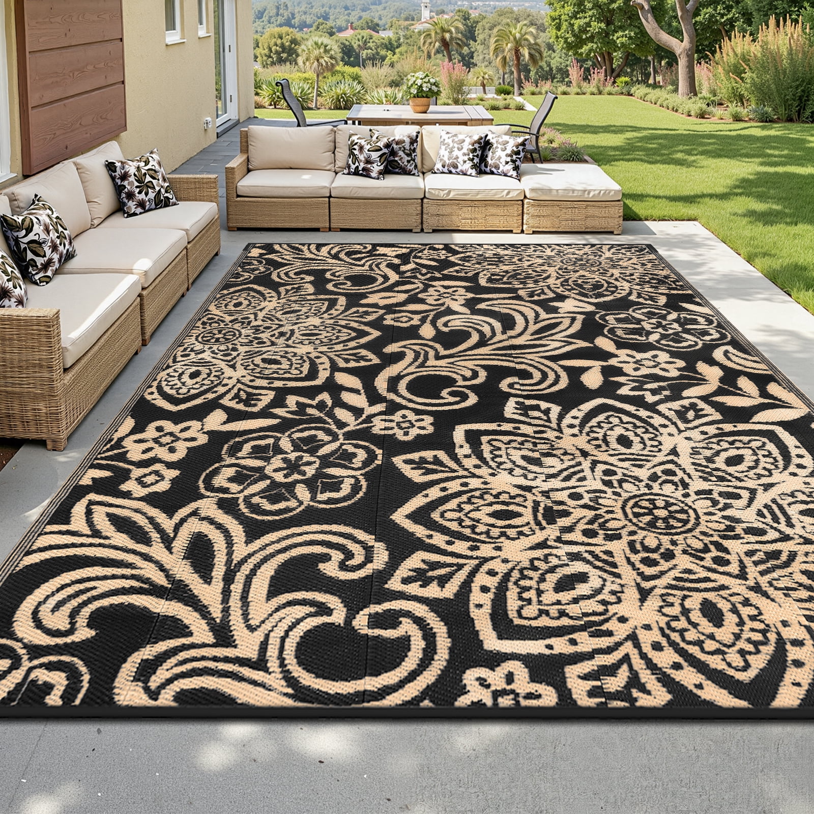 MJIAexp 6' x 9' Outdoor Rugs for Patio, Curved Geometric UV-Coated Waterproof RV Outdoor Rug, Reversible Plastic Straw Camping Rug Floor Mat for Backyard, Porch, Deck, Picnic, Beach Black-Gold