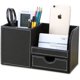 thumbnail image 2 of Organizador de escritorio de cuero negro con cajones para guardar bolígrafos, lápices, teléfono, tarjetas y control remoto, 2 of 8