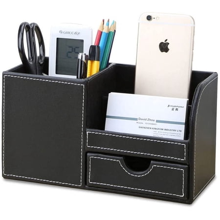 Desk Organizer Office Supplies Caddy Pu Leather Multi-function Storage Box Pen/Pencil Cell phone Business Name Cards Remote Control Holder with Small Drawer Black